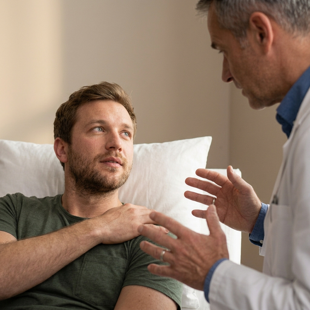 Врач стоит рядом с пациентом, лежащим на кушетке после кодирования Тетурамом